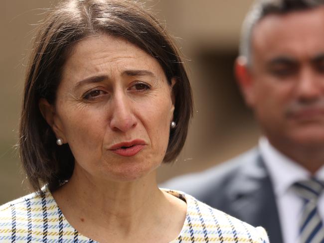 NSW Premier Gladys Berejiklian ,Treasurer Dominic Perrottet ,Minister Brad Hazard, Deputy Premier John Barilaro & Stephen Cartwright hold a press conference at Parliament House while observing social spacing.picture John Grainger