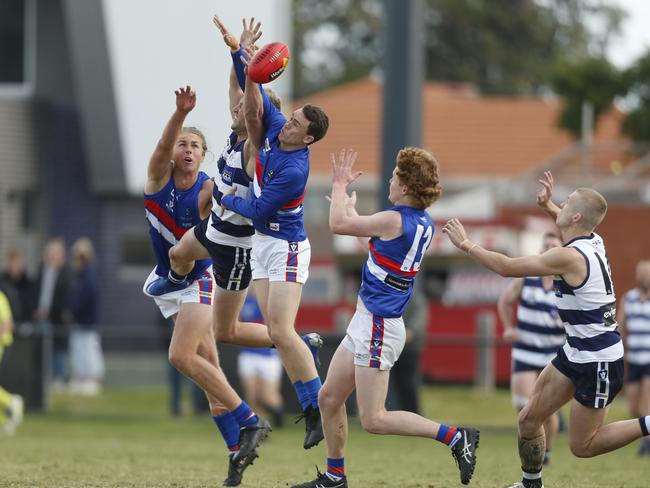 Mornington defender Jai Richardson spoils his Chelsea opponent. Picture: Valeriu Campan