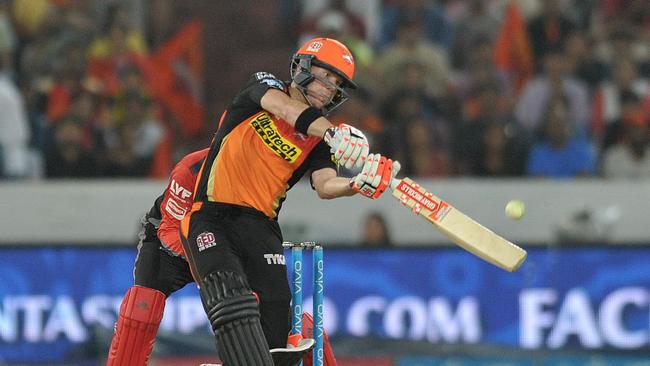 Sunrisers Hyderabad captain David Warner plays a shot.