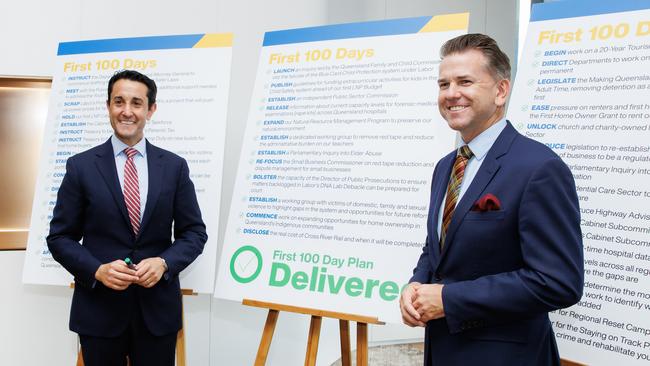 Queensland Premier David Crisafulli and Deputy Premier Jarrod Bleijie spruik their 100 days of results on Sunday. Picture Lachie Millard