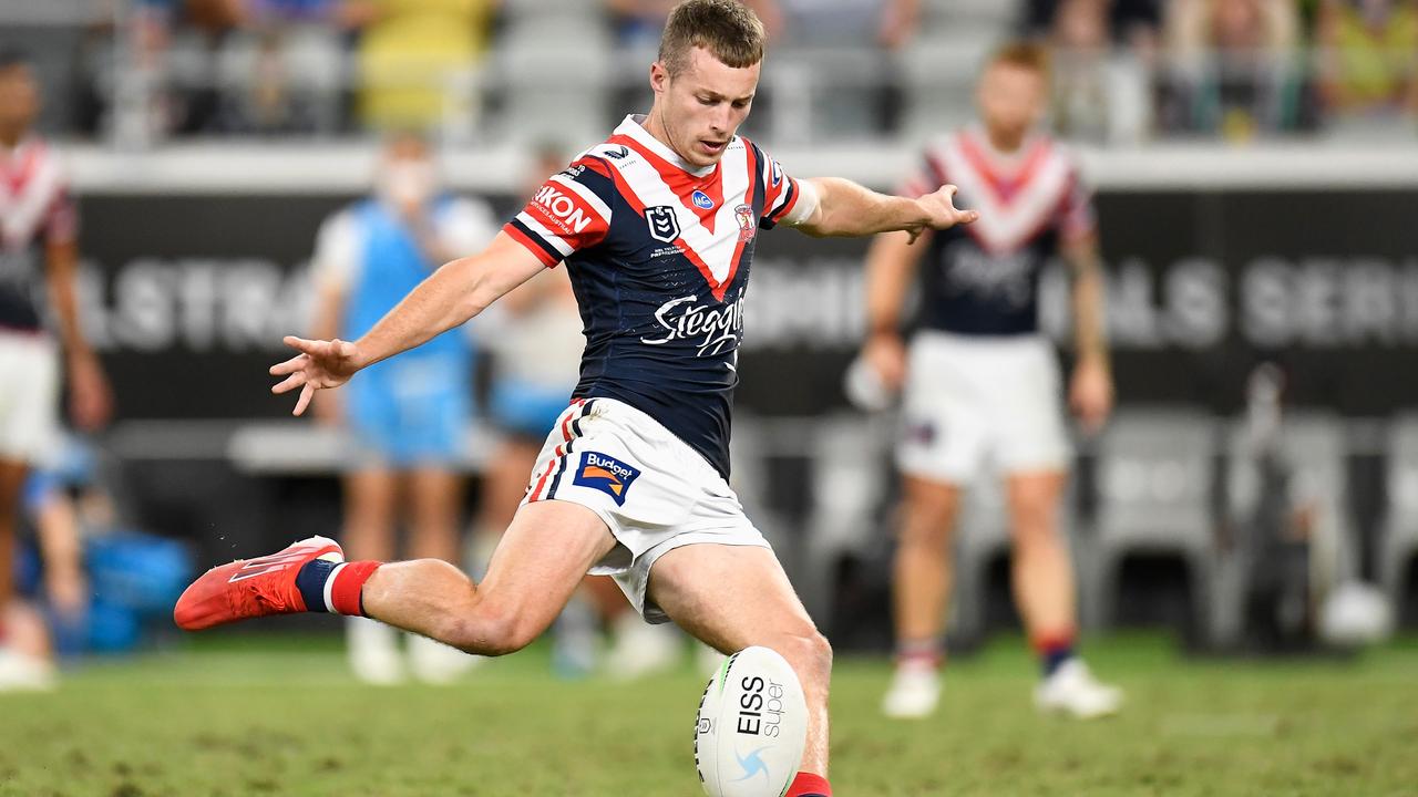 Sam Walker kicks the winning field goal for the Roosters. Photo by Ian Hitchcock/Getty Images