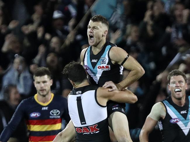 12/05/18 - AFL - Round 8, SHOWDOWN - Port Adelaide v Adelaide Crows at Adelaide Oval. Robbie Gray celebrates his goal in the third quarter. Picture SARAH REED