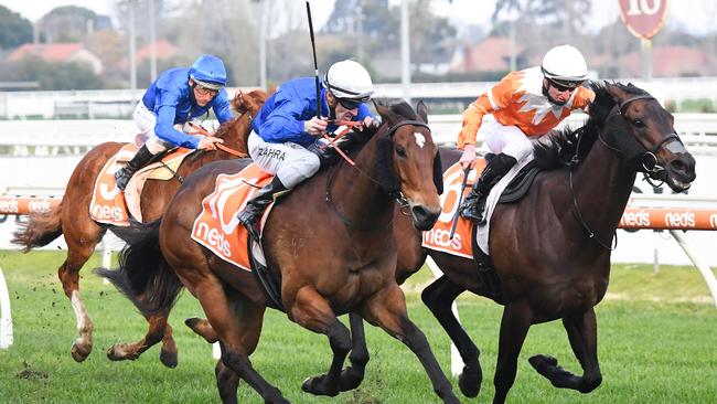 Savatiano wins the P.B. Lawrence Stakes at Caulfield on Saturday.