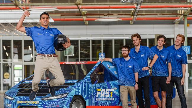 Nishant Bazzad, Jamie Jackson, Ethan Taylor, Zachary Mabus and Bryn Jarvis with the new Flinders solar car. Picture: Brenton Edwards.