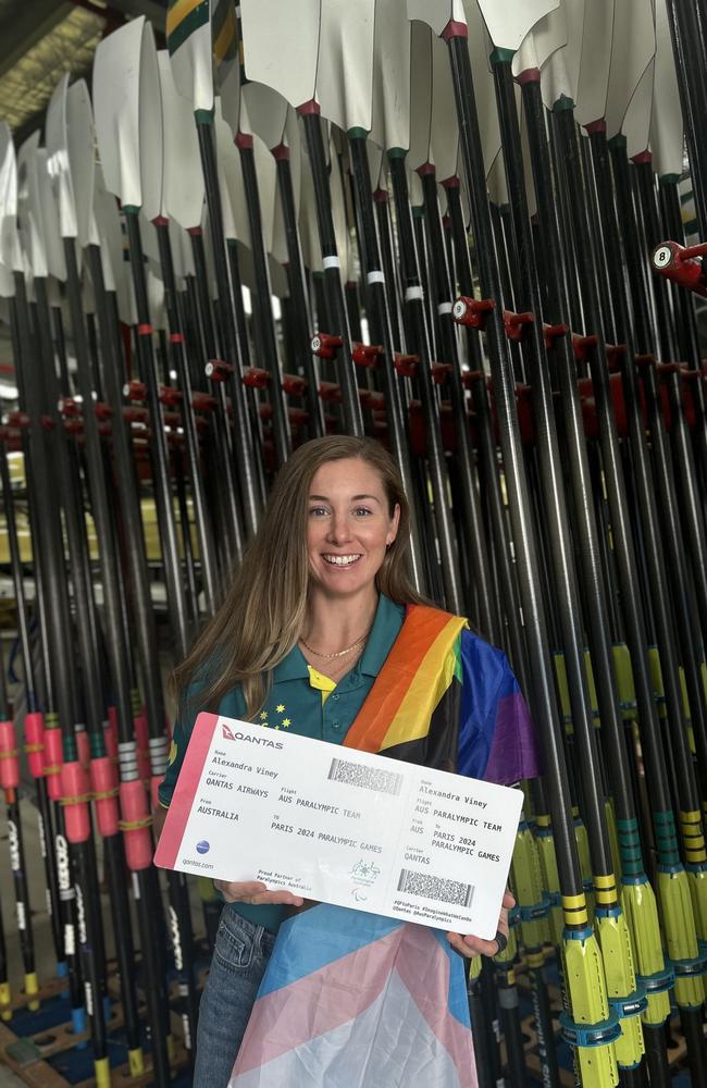 Alexandra Viney with her Qantas boarding pass at the Australian Paralympic team announcement in July. Picture: Alexandra Viney