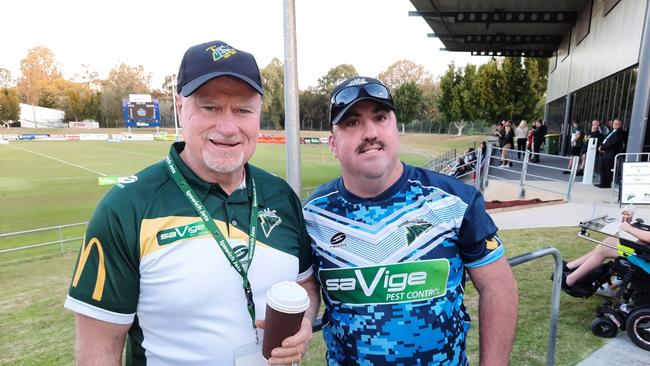 Ipswich Jets chairman Steve Johnson with club supporter Samuel Harding at Saturday’s Turn to Me Round at the North Ipswich Reserve. Picture: David Lems