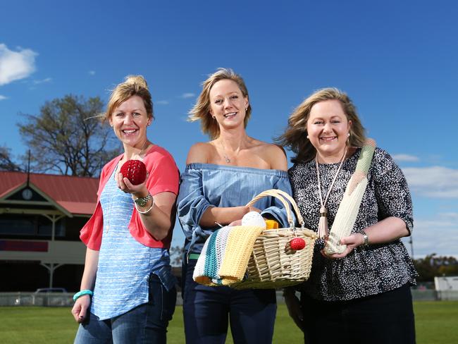 L-R Sally Miller, Kate Mirowski, Katinka Challen all members of the Hobart Social Stitchers who have crocheted cricket themed items including a bat and ball ahead of the Test between Australia and South Africa in Hobart. Many members of the group are also keen cricket fans who will attend the match. Picture: NIKKI DAVIS-JONES