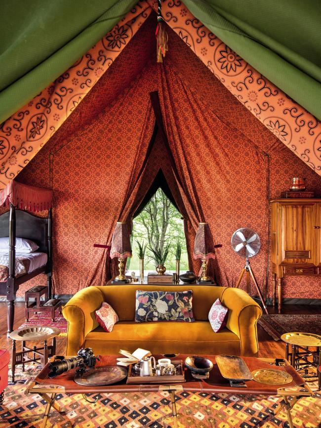 The lounge of a twin guest tent at Jack’s Camp in northeastern Botswana. Photo: Supplied