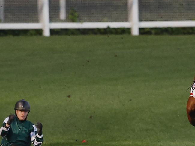 NCA. MELBOURNE, AUSTRALIA. October 21, 2024. RACING.  Mooney Valley Breakfast with the Best track gallops.  Jockey James McDonald is unseated while riding the Chris Waller trained Via Sistina  during a track work session at Moonee Valley this morning .  Pic : Michael Klein