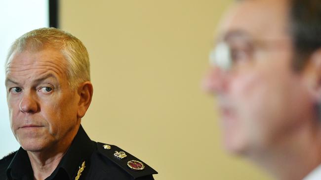 South Australian Police Commissioner Grant Stevens looks on as Premier Steven Marshall speaks to the media. Picture: David Mariuz