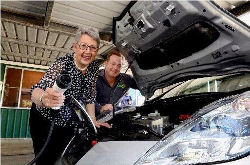 PLUGGED IN: Lismore Mayor Jenny Dowell and Lismore City Council Commercial Services Co-ordinator Kevin Trustum with counci’s new electric car, the Nissan Leaf.