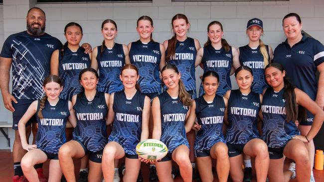 Victoria Top left: Ryan Dodd, Constance Dodd, Allegra Lewis, Jordie Hurlston, Lucy Edwards, Emerson Chadwick, Ciara Short and Heidi Amos. Bottom left: Georgia Phillips, Oceana Dodd, Ella Leith, Ella Whittaker, Zahlia Kautai, Nikita-Jaye Faoa and Pearl Potesio at the 2023 National Combined Touch Championships in Darwin. Picture: Pema Tamang Pakhrin