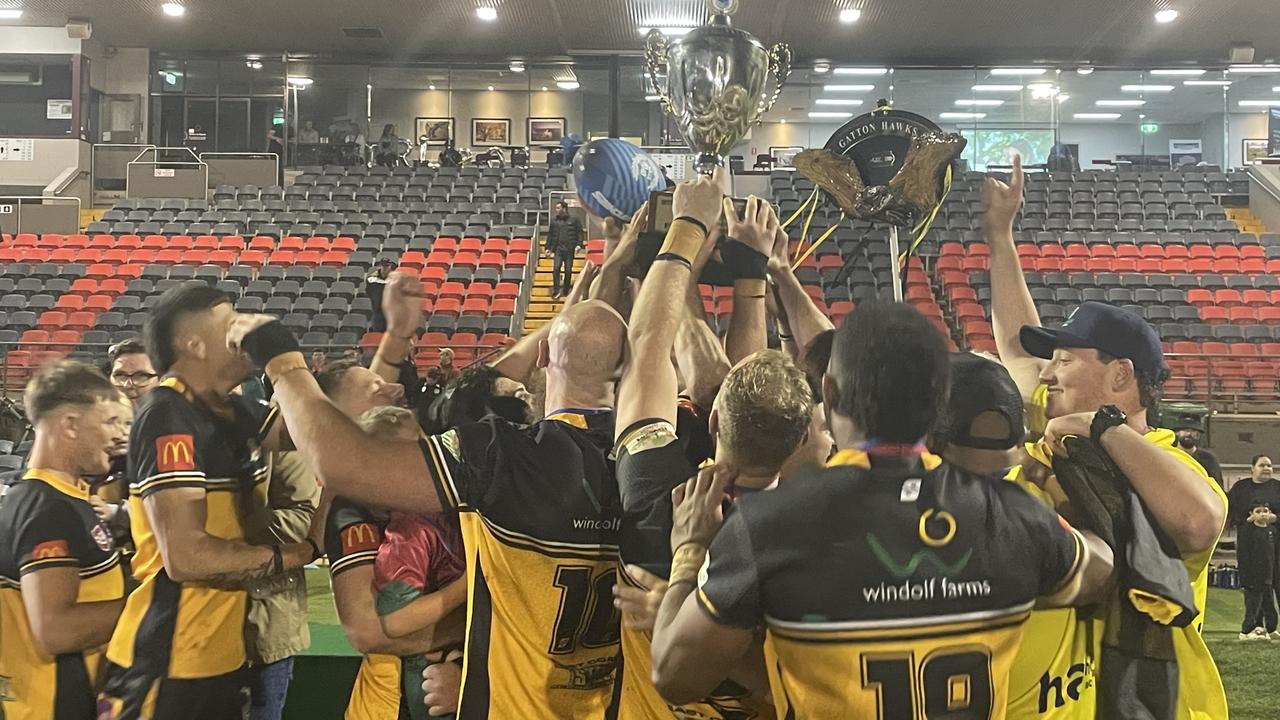 Gatton Hawks celebrate their 2024 Toowoomba Rugby League grand final win.