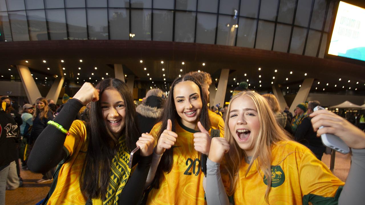 Tahnee Theophilus 13, Jorja O’Connor 13 and Maddison May 13 at the Matildas game Picture: Brett Hartwig