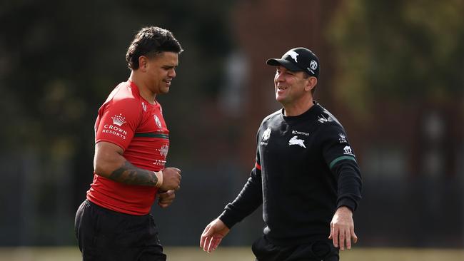 Mitchell with Rabbitohs head coach Jason Demetriou. Picture: Getty