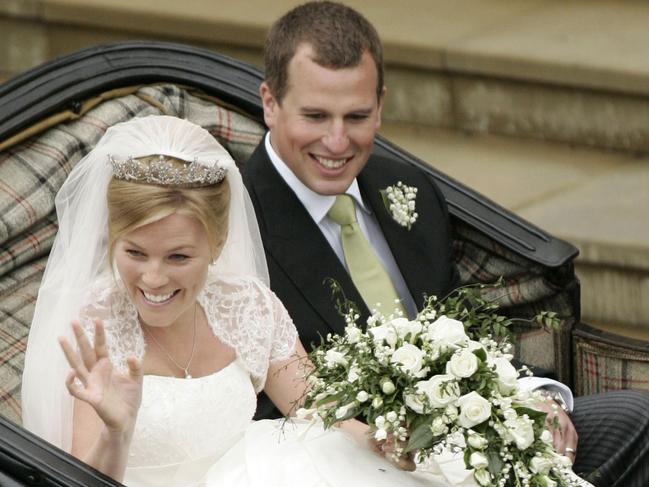 Peter Phillips and Autumn Kelly leave St George's Chapel in Windsor after their marriage vows in 2008. Picture: Supplied