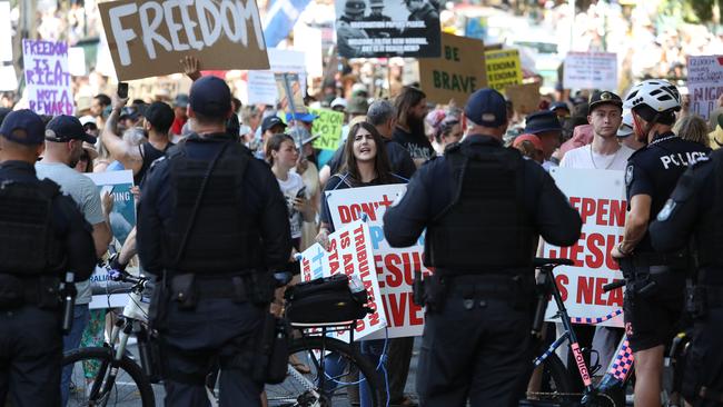 The Freedom Rally in the Brisbane CBD on Saturday. Picture: Annette Dew
