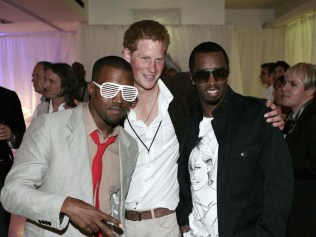 From left, U.S. singer Kanye West, Prince Harry and U.S. singer P. Diddy attend a reception after the concert in memory of Diana, Princess of Wales at Wembley Stadium, north-west London, Sunday July 1, 2007. (AP Photo/Roger Allen/Daily Mirror/WPA Pool)