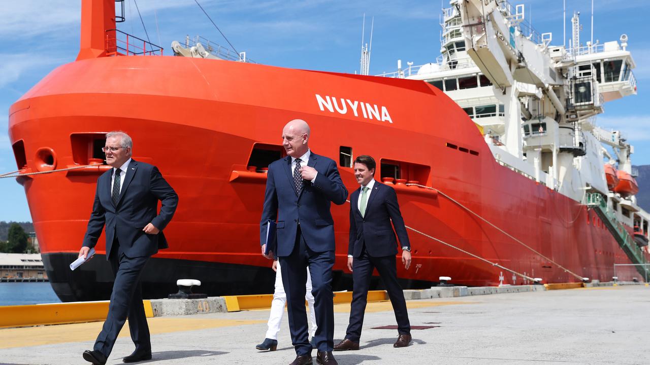 Prime Minister Scott Morrison and Premier Peter Gutwein at the official launch of the RSV Nuyina. Picture: Nikki Davis-Jones