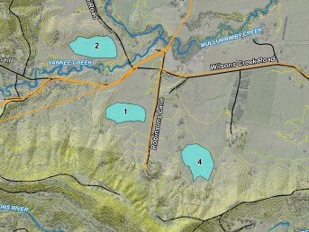 A map of the proposed âoff-streamâ storage locations near Mullumbimby and consequently provides an idea of where the water treatment plant would need to be situated, 2024. Picture: Supplied