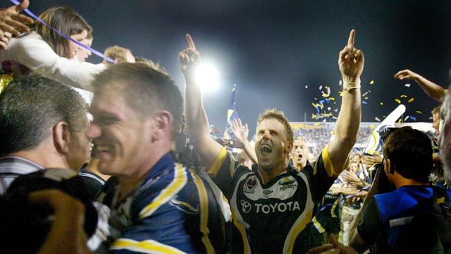 Winning players celebrate following North Queensland Cowboys v Brisbane NRL semi-final game at Dairy Farmers Stadium, Townsville.