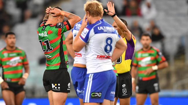 Jaydn Su’A reacts to the referees call. Picture: NRL Photos