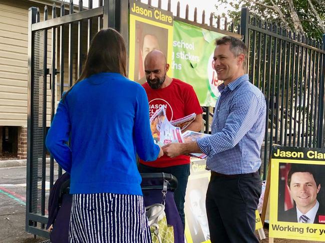 Blaxland MP Jason Clare greets voters at Condell Park Public School on election day.