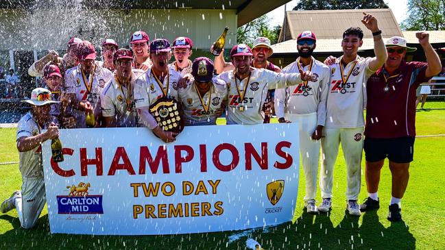 Palmerston Cricket Club celebrating their Two-Day DDCC A-grade grand final victory over Waratah at DXC Arena, 15 September, 2024. Picture: Cricket NT.