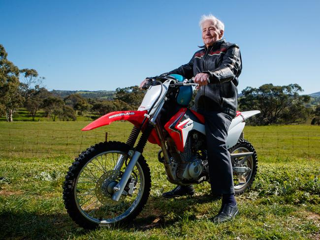 Colin Wagener Aged 105 on his motorbike at his property in the Adelaide Hills. Picture Matt Turner.