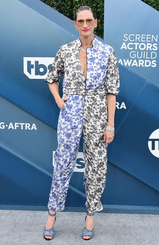 Fashion designer Jenna Lyons in a two-tone printed jumpsuit. Picture: AFP