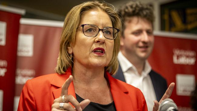 Werribee By-election Labor after/election party at Centrals Cricket Club, Galvin Park. Premier Jacinta Allen and John Lister speak to supporters. Picture: Jake Nowakowski