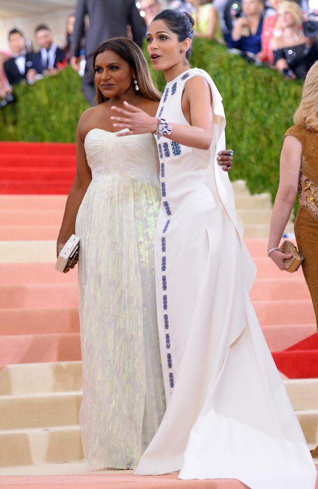 Mindy Kaling and Freida Pinto attend the “Manus x Machina: Fashion In An Age Of Technology” Costume Institute Gala at Metropolitan Museum of Art on May 2, 2016 in New York City. Picture: AP