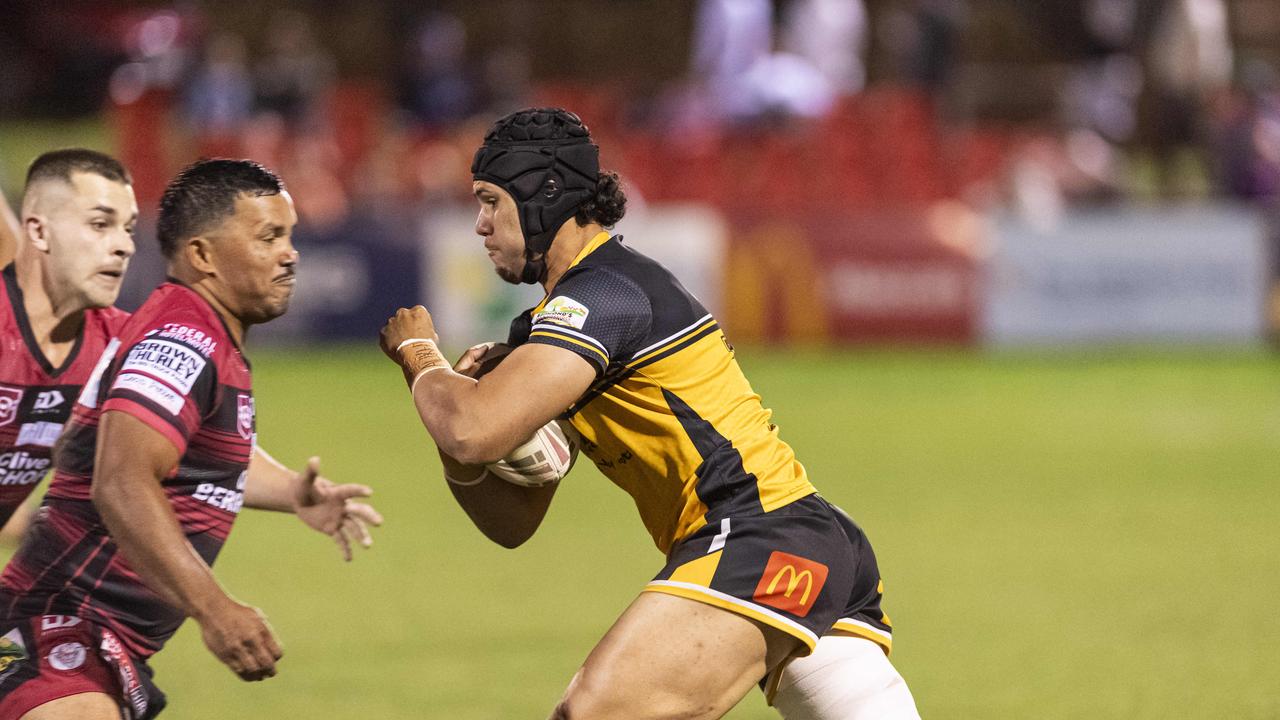 Gatton Hawks Leonard Thomas runs at Valleys Corey McGrady during the 2024 Hutchinson Builders A-grade grand final at Toowoomba Sports Ground. Picture: Kevin Farmer