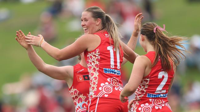 SYDNEY, AUSTRALIA - NOVEMBER 02: Bella R. Smith of the Swans celebrates kicking a goal during the round 10 AFLW match between Sydney Swans and West Coast Eagles at Henson Park, on November 02, 2024, in Sydney, Australia. (Photo by Mark Metcalfe/AFL Photos/via Getty Images)