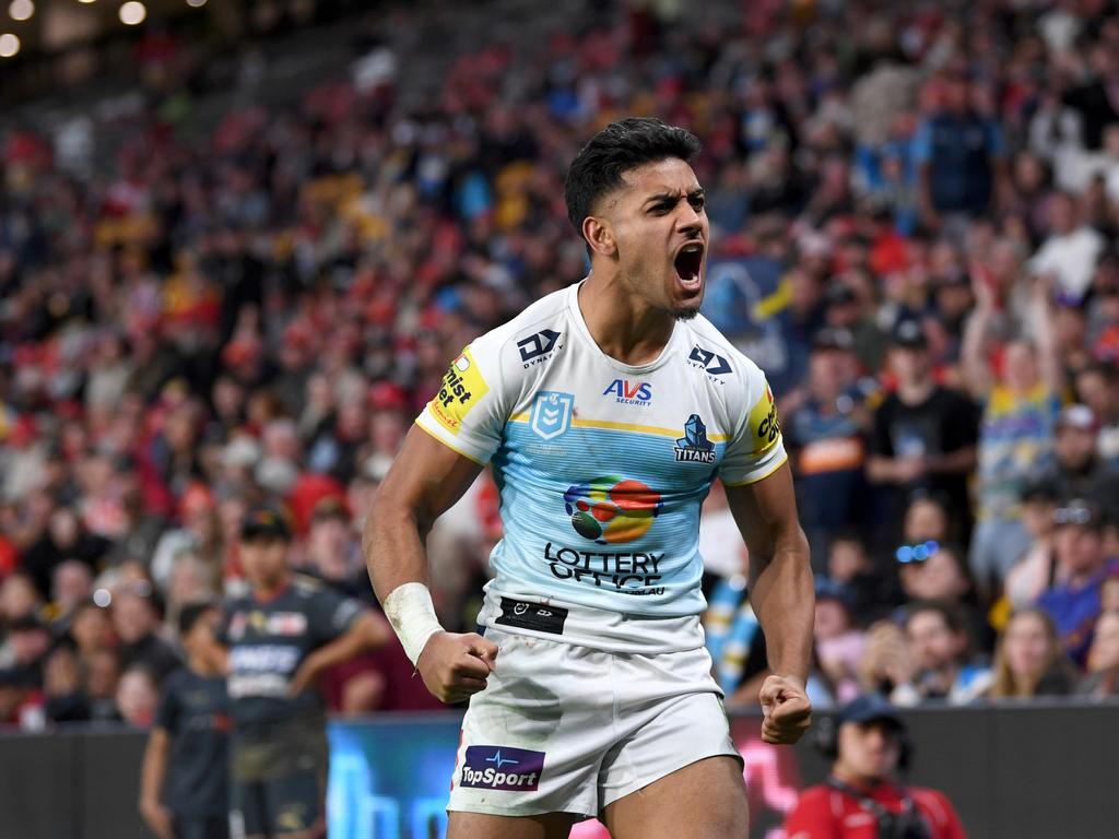 Titans’ tryscoring sensation Alofiana Khan-Pereira is closing in on a slice of NRL history. Picture: NRL Images