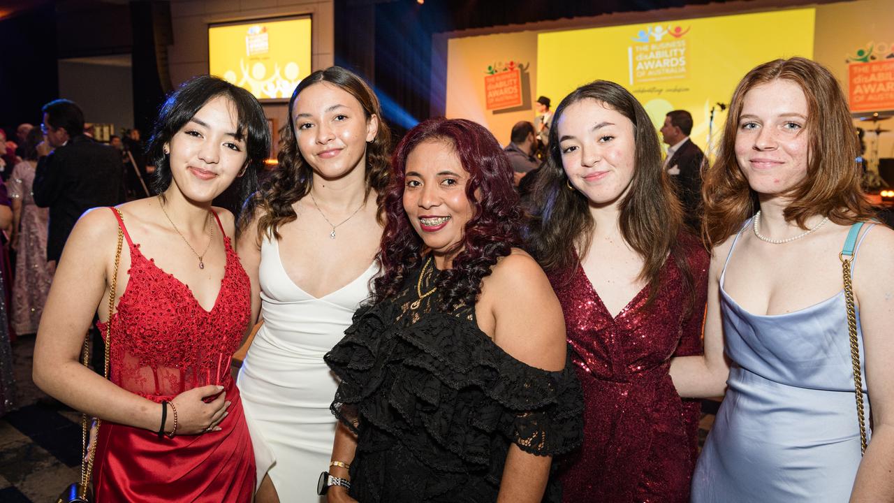 At the Business disAbility Awards of Australia are (from left) Elizabeth Gallaway, Iangica Gallaway, Ota Muris, Oceania Gallaway and Jenaya Hall at Edmund Rice Cultural Centre, Saturday, May 17, 2025. Picture: Kevin Farmer