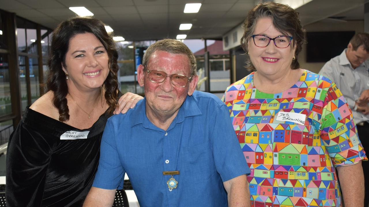 Trace Beresford, life member Pete Bulmer and Debra Browning at Norths Chargers' centenary celebrations at the Rockhampton Jockey Club on October 2, 2021.