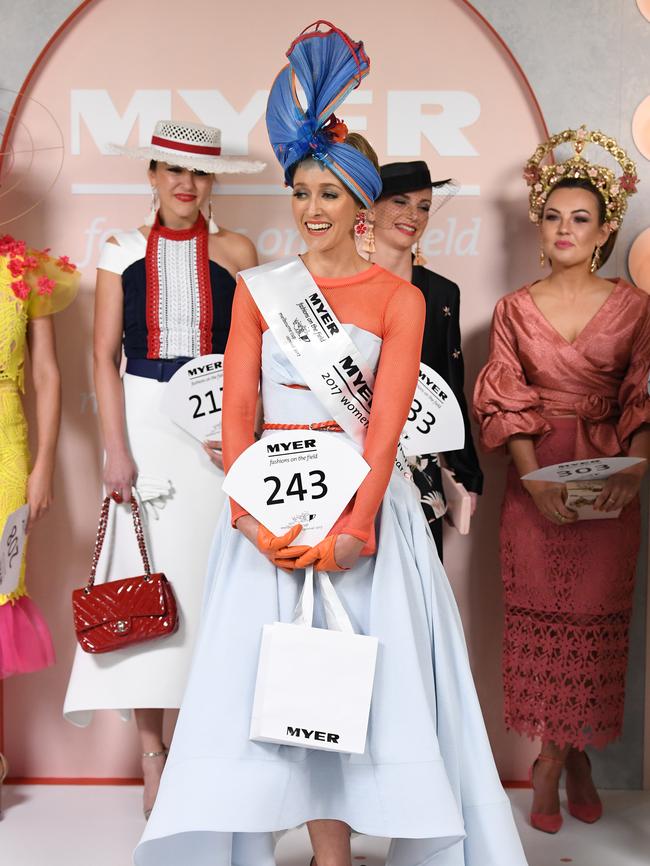 Myer Fashions on the Field runner-up Carle Ruthedge, centre. Picture: AAP