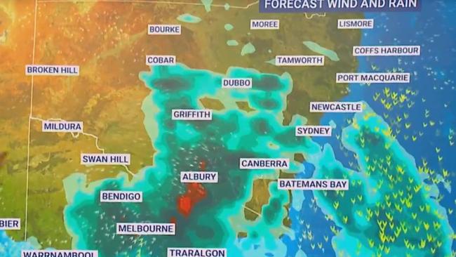 Storm activity forecast for Monday 10pm. The red patch indicates heavy rainfall. Picture: Sky News.