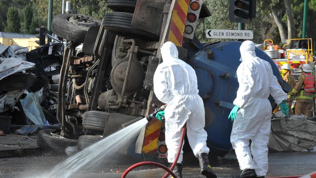 The aftermath of the crash at the bottom of the South Eastern Freeway in August 2014. Picture: Roger Wyman