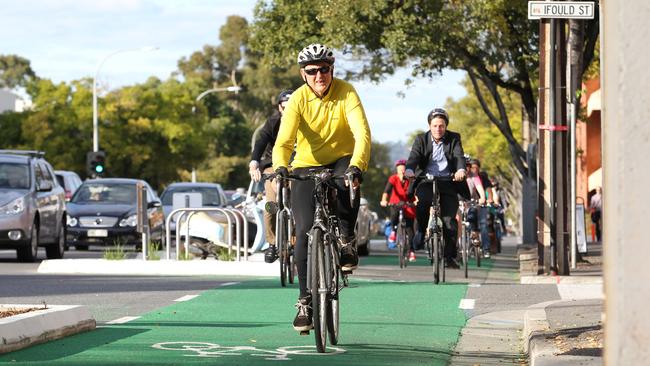 Cyclists in 2014 riding in then-newly opened bike lane on Frome Street, between Flinders Street and Wakefield Street, Adelaide. Picture: Stephen Laffer