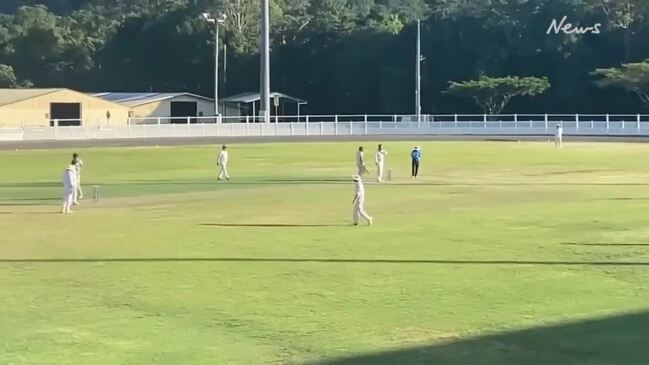 Caboolture cricketer Jayden Coffin celebrates his double ton