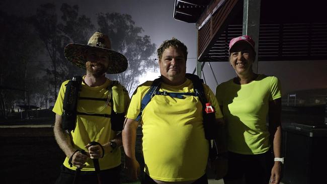 James Maxwell, Charlie Hughes and Leisa Green at the start of Charlie's epic walk from Nanango to Coorparoo.