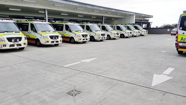 Ambulances lined up outside the PA Hospital in Brisbane. Picture: Supplied