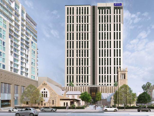 Artist impression of a proposed 33-storey student accommodation tower for Trinity Church on North Tce. Picture: Brown Falconer