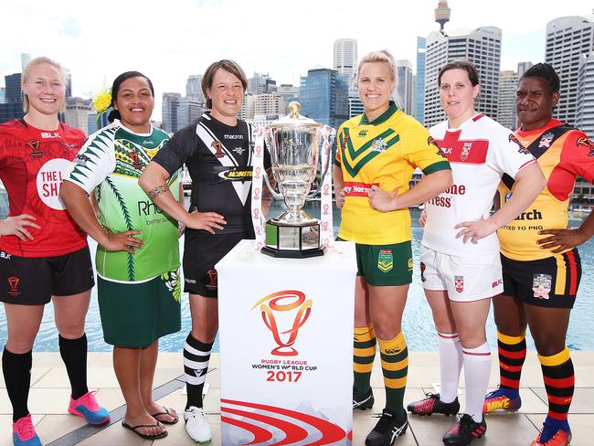 DAILY TELEGRAPH  - 14/11/17Women's Rugby League World Cup launch at The Sofitel in Darling Harbour this morning. L to R,. Mandy Marchak (Canada), Te Kura Ngata-Aerengamate (Cook Islands), Laura Mairu (NZ), Renae Kunst (Australia), Andrea Dobson (England) and Cathy Neap (PNG). Pic, Sam Ruttyn