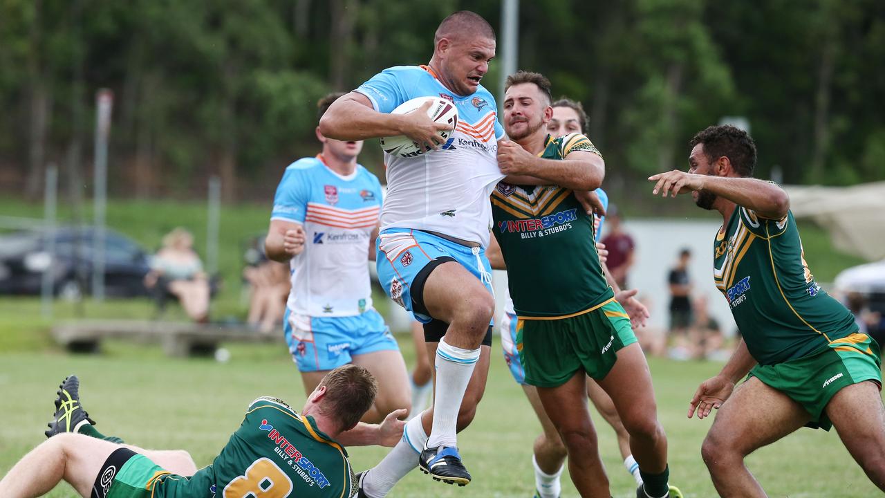 Pride's Brad Lupi puts in a big run in the 2020 pre-season trial match between the Northern Pride and the Cairns Foley Shield representative side, held at Petersen Park, Edmonton. PICTURE: BRENDAN RADKE