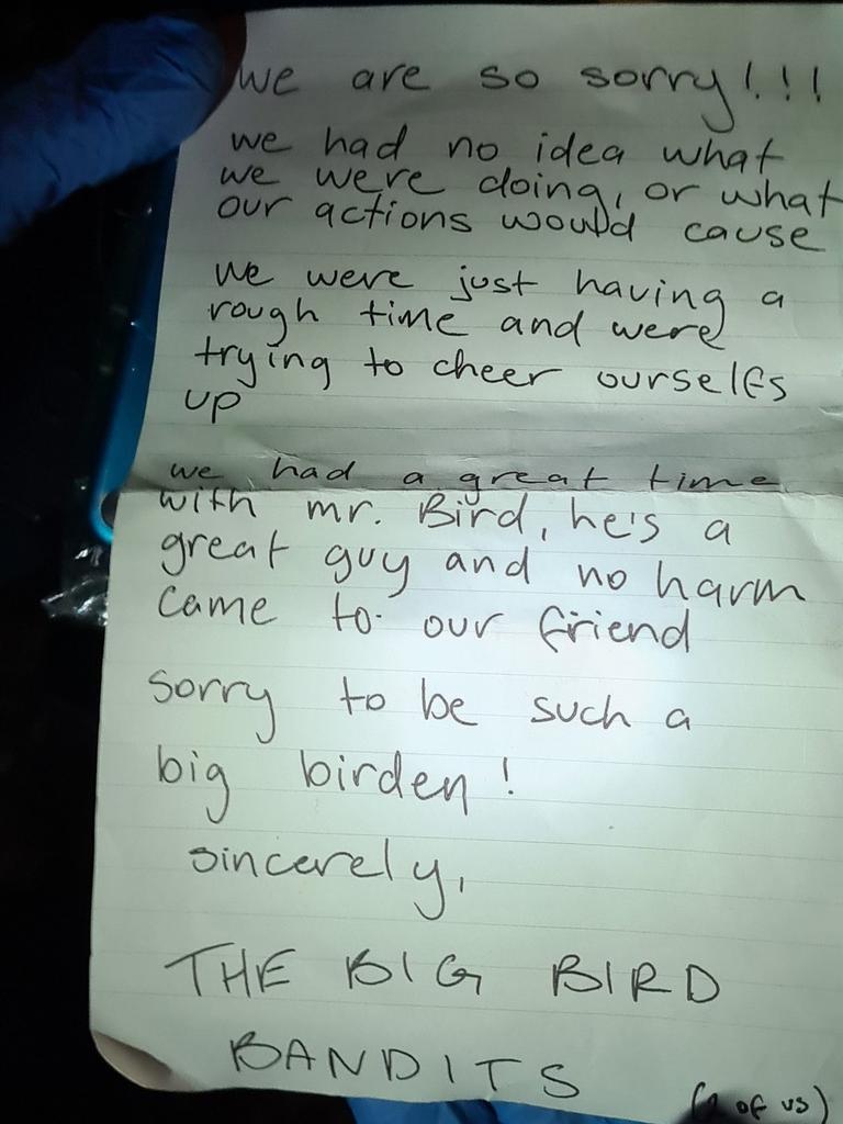 Police say an apology letter was left from "the Big Bird Bandits". Picture: SA Police