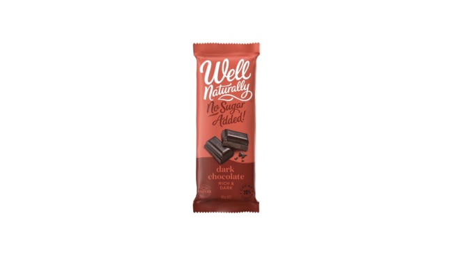 Low sugar Well Naturally No Sugar Added! Dark Chocolate Raspberry, $7, Woolworths Why we love it“This is a great range of chocolate for those looking to keep their added-sugar intake down, as it’s sweetened with stevia. It also has a lovely creamy taste and smooth texture. My only flag is that this range may not be suitable for those with a sensitive gut. Otherwise, it’s a great option among the sugar-packed varieties.”Shop here