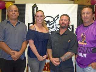 NO TEAM: At the 2018 presentation night former Biggenden Warriors Football Club coach, Getano George with the executive Beth Stralow, Justin Vicary and Alex Eggleston. Picture: Erica Murree